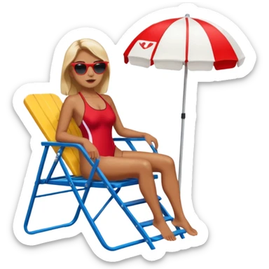 Female lifeguard – red swimsuit, sunglasses, sitting on tall lifeguard chair. sticker