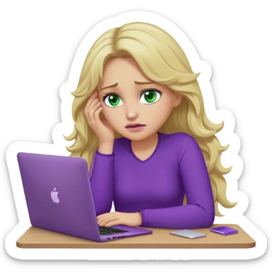 lady with long wavy blonde hair, purple top, green eyes, elbow on desk with hand on face, with a purple mac laptop tears down face. sticker