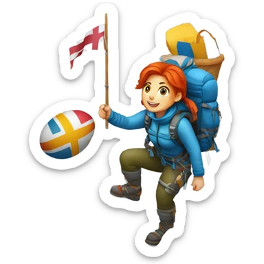Female winter mountain climber red hair climbing with Greek flag on backpack and holding Easter eggs basket sticker