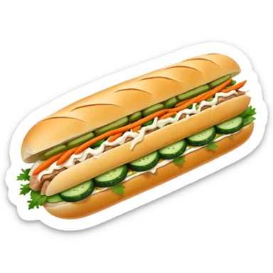 traditional banh mi with char grilled pork


    Very crusty baguette

    Mayo 

    Pickled carrot 

    Cucumber, coriander/cilantro, green onion, chilli 
 sticker