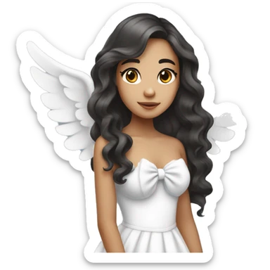 Pretty mixed Asian girl with long wavy hair with big angels wings and a white bow in a strapless dress sticker