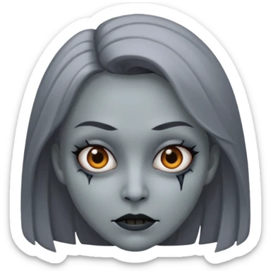 woman with gray skin and a creepy face sticker
