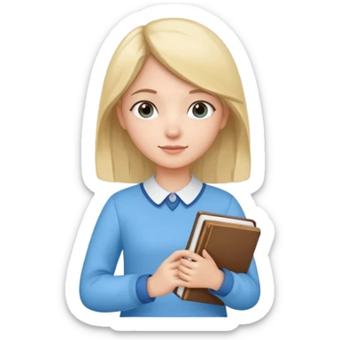 cute girl, glass, smart, Sky-blue colored clothing,
holding a book in one arm and a pen in the other hand.Holding a pen in the right hand as if teaching. sticker