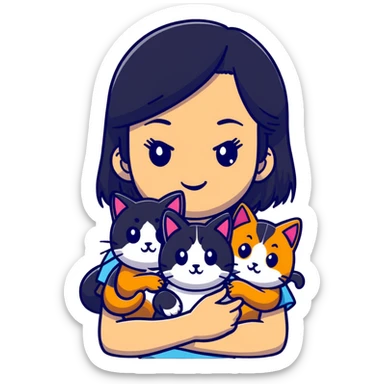 teenage girl with black hair with brown highlights with two cats that are tri-colored (black, orange, and white) sticker