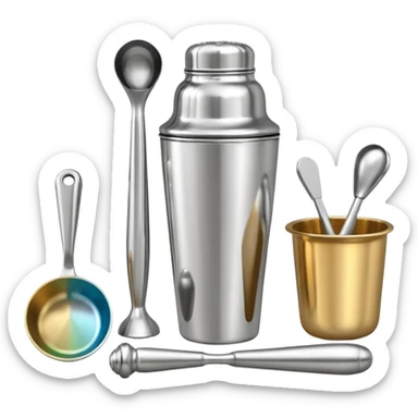 A metal shaker set including a shaker, jigger, and muddler neatly placed on the counter.
 sticker