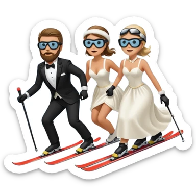 a couple skiing they both have ski helmets and goggles on , man with a beard in a tux and woman in a wedding dress on their skiis going down a slope.  sticker