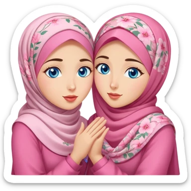 Two friendly Turkish girls beautiful finish Konya blue eyes with pink floral hijab and dress and Scattering kisses outside  sticker