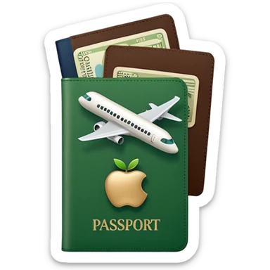passport with airplane tickets sticking out, Apple emoji style, colors #173e12 and #c1a793, no text, simple shapes, minimalist sticker