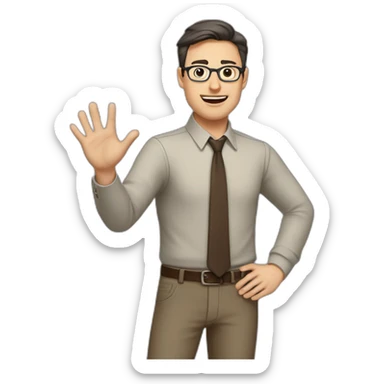 To belt Actively gesturing with hands Pale skinned fit man teacher with dark brown hair in gray jacket, beige office shirt, brown tie, brown pants and vintage glasses. sticker