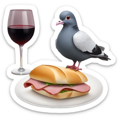 Pigeon with a PSG football club hat enjoying a red wine glass and lying on a ham and butter baguette sandwich sticker