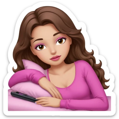girl with long wavy brown hair, brown eyes, long lashes makeup, sexy pink lips, light to medium complexion, wearing a pink sexy top, sleeping sticker