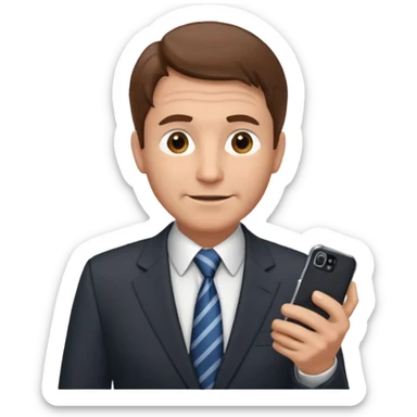 Un hombre  mayor con leve sonrisa de traje con tez clara pelo color castaño, vestido con traje camisa y corbata y celular en mano .  sticker