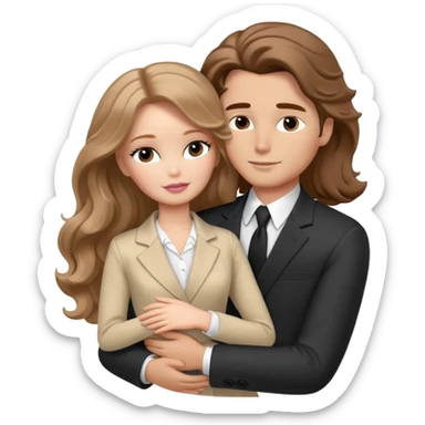 White Barbie girl Chestnut long wavy hair sleeping with In beige clothes, Hugs a man with brown hair, brown eyes and a black suit sticker