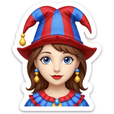 a girl A classic two-armed jester's hat with red and blue stripes, a yellow brim, and small yellow bells on the tips. brown hair blue and red eye's

 sticker