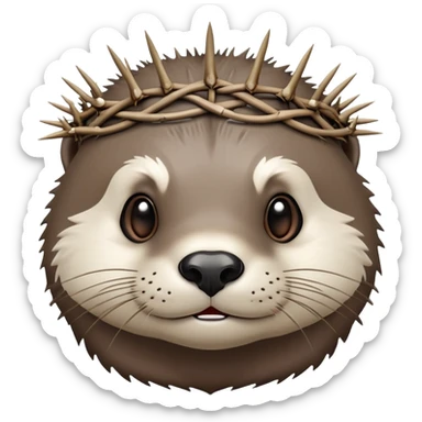 really cute confused otter face with simple thorny stem wrapped horizontally around its forehead like Jesus Christ's Crown of thorns, no crown shape on top, just thin spiky branches circling the forehead sticker