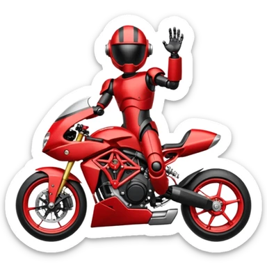Un robot type bender de Futurama conduisant une mv Agusta 800rr dragster rouge et noir avec un casque et une combinaison de même couleur sticker