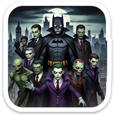 Icon for Thriller Movies: A large, dramatic collage featuring sinister villains and zombies in dark clothing. The background shows the gloomy cityscape of Gotham with dim lighting and eerie shadows. The atmosphere should be tense, mysterious, and suspenseful. Transparent background. sticker