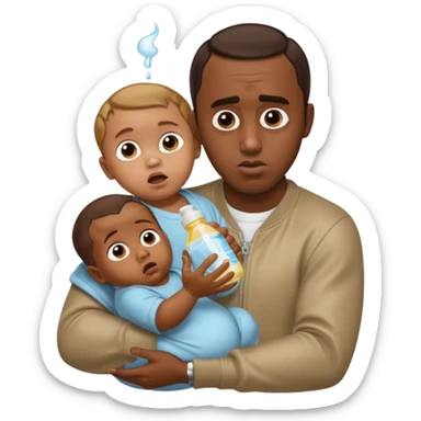 Sean “Diddy” Combs with baby oil and a very small infant and he’s pouring the baby oil on the baby and they have a scared face they’re really scared sticker