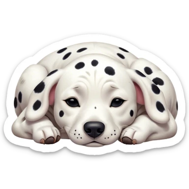 Cinematic Meme-Worthy cute Sleeping Dalmatian Portrait Emoji, Head resting peacefully with a contented smile, showcasing a delightfully cute build and a luxuriously soft white coat with bold black spots, eyes shut in a serene nap, Simplified yet hilariously adorable features, highly detailed, glowing with a soft, drowsy light, high shine, relaxed and utterly lovable, stylized with an air of playful laziness, bright and heartwarming, soft glowing outline, capturing the essence of a comically sleepy Dalmatian, so meme-worthy it feels like it could instantly become the next viral sensation of adorable slumber! sticker