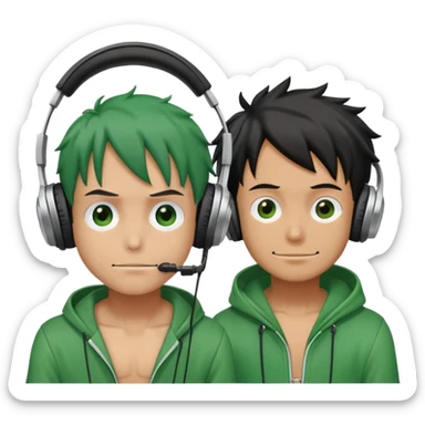 Green Luffy and green Alastor wearing headphones listening to music together sticker
