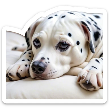 Cinematic Meme-Worthy Chubby Sleeping Dalmatian Portrait Emoji, Head resting peacefully with a contented smile, showcasing a delightfully chubby build and a luxuriously soft white coat with bold black spots, eyes shut in a serene nap, Simplified yet hilariously adorable features, highly detailed, glowing with a soft, drowsy light, high shine, relaxed and utterly lovable, stylized with an air of playful laziness, bright and heartwarming, soft glowing outline, capturing the essence of a comically sleepy Dalmatian, so meme-worthy it feels like it could instantly become the next viral sensation of adorable slumber! sticker
