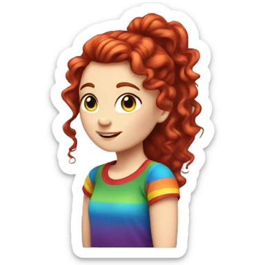 a white girl with long red curly hair in a pony tail with rainbow shirt being cute sticker