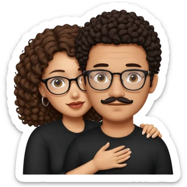 A mixed girl with glasses, the girl is wearing a black shirt, the girl has brown curly hair  and the girl has big boobs. A Mexican man is embracing her, with black bald hair and a short boxed mustache  sticker