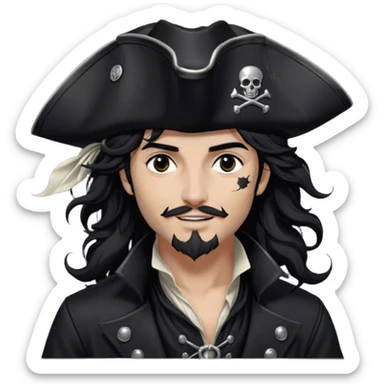 A charismatic pirate with wavy black hair tousled by the breeze. His silver-embroidered tricorn hat casts a shadow. Dark eyes glint with mischief as he looks to the side, a knowing smile on his lips. His black coat, adorned with silver buttons, shifts with the wind sticker