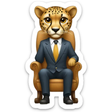 A cheetah wearing a suit looking straight while sitting in a chair sticker