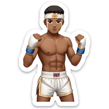 ​Cinematic Realistic Traditional Muay Thai Fighter such as Buakaw Banchamek, depicted in authentic attire featuring white bandaged gloves wrapped around his fists, a traditional headband tied neatly, and classic Muay Thai shorts, captured in a dynamic fighting stance under dramatic, high-energy lighting that highlights the raw power and elegance of the art, sticker