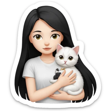 a girl with long dark black straight hair, in a white t-shirt, hugs a persian kitten 3 months old had a half spot black on her face and white one cat. emoji | AI Emoji Generator sticker