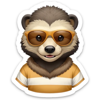 friendly anthropomorphised honey badger, close crop showing head, neck, and top of t-shirt with a striped design, wearing sunglasses sticker