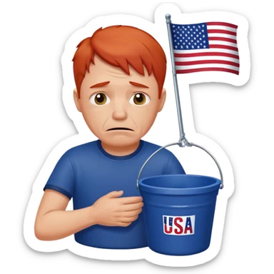 short red haired older man crying into bucket with USA flag on it sticker