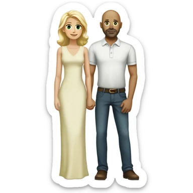 A tall bald man , brown eyes, with a short beard stand with his arm around a woman with long blonde hair , green eyes sticker