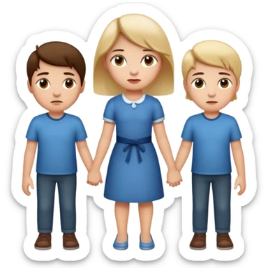 Apple iOS emoji style.
A girl holding hands with two boys at the same time, one on each side.
The girl has a suspicious, guilty expression, slightly turned eyes.
The boys look neutral and unaware.
Clean, minimal Apple emoji design, smooth gradients, rounded shapes. sticker