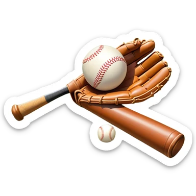 A baseball bat, ball, and glove placed on the grass of a baseball field, with the diamond and base lines clearly visible in the background. The scene captures the essence of the sport, with the equipment ready for action on the neatly marked field. sticker