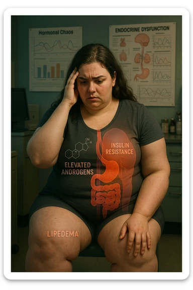 cinematic realistic in italiano Woman with PCOS struggling with hormonal chaos, transparent overlay showing elevated androgens and insulin resistance affecting her body, lipedema causing disproportionate fat accumulation in legs and arms despite normal torso, expression of frustration with unexplained weight gain, medical charts showing complex endocrine dysfunction, painful swollen limbs contrasting with metabolic confusion sticker