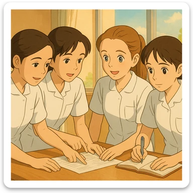 Four nursing students collaborating together, wearing white short-sleeve medical tunic-style uniforms with V-neck, no collar, no buttons, left chest pocket, bare forearms and arms, long hair tied back, inspired by the four provided reference faces, in Ghibli style. sticker