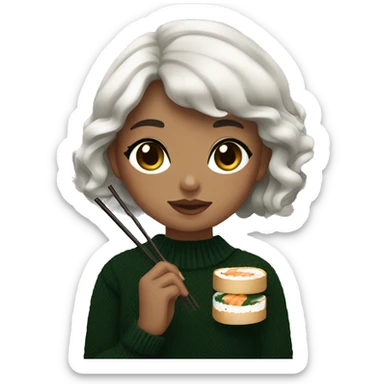 A girl with medium skin tone, dark brown short wavy hair, dark brown eyes, black nails, dark green sweater, black nails, eating sushi with chopsticks sticker