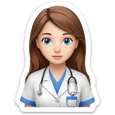 inside a classroom at university that says nursing school on the board with a pretty female nursing student with long brown hair, blue eyes sticker