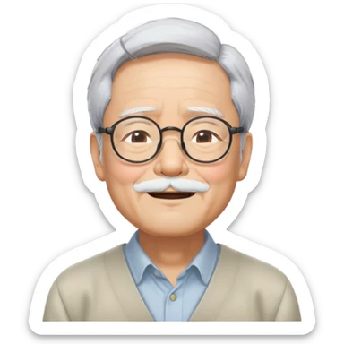 _cinematic-realistic-portrait-of-hayao-miyazaki,-depicted-with--large-rectangular-glasses,-his-happy-expression-rendered-in-lifelike-detail,-illuminated-with-soft,-realistic-lighting-that-emphasizes-his-creative-genius, his eyes shut  closed because of his large smile. eyes are shut sticker