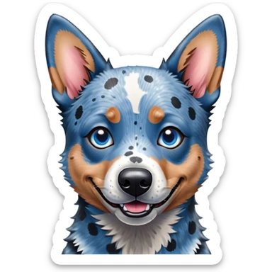 Cinematic Comical Blue Speckle Australian Cattle Dog Portrait Emoji, Head tilted dramatically with an exaggeratedly amused expression, featuring a striking blue speckle Fur with bold patterns, wide, expressive blue eyes filled with playful disbelief, Simplified yet hilariously expressive features, highly detailed, glowing with a slightly sassy glow, high shine, dramatic yet playful, stylized with an air of cheeky charm, bright and endearing, soft glowing outline, capturing the essence of a spirited and over-the-top herder, so meme-worthy it feels like it could side-eye its way into internet fame instantly! sticker