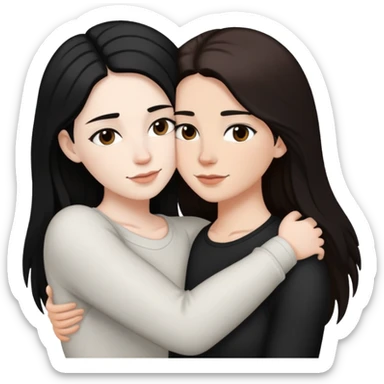 A lesbian couple with white skin and long black and brown hair hugging intimately sticker