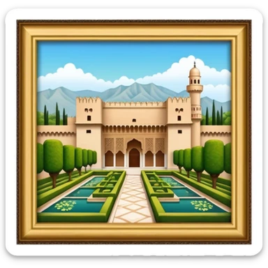 Cinematic Realistic Alhambra Landmark Emoji, showcasing the ornate historic palace with lush gardens rendered with rich textures and soft, majestic lighting. sticker