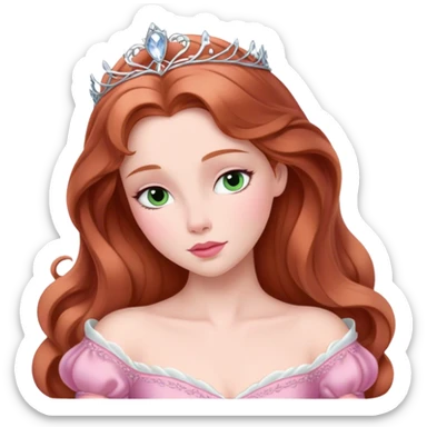 Cinematic Elegant Sleeping Beauty Portrait Emoji, rendered in a realistic, vector-style with minimal shading and bold, simplified shapes. Depict Aurora (Sleeping Beauty) (chest and above) with delicate porcelain skin, soft auburn hair styled gracefully, and gentle, dreamy eyes, dressed in her classic pink gown. The image glows with a soft, enchanting radiance and high shine, capturing timeless regal beauty. sticker