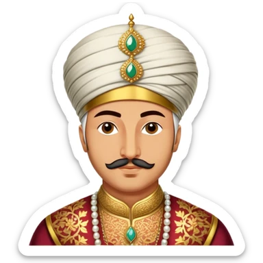 Suleiman the Magnificent – Cinematic Realistic Portrait of Suleiman the Magnificent, depicted as a regal Ottoman sultan in luxurious traditional attire with intricate patterns and a golden turban, his commanding gaze illuminated by warm, historic lighting, exuding majestic authority and timeless grandeur. sticker