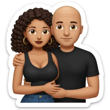 A picture of a tanned couple with the man's arm around her. the man is a Mexican man with tanned skin, a bald hair cut, short beard and wearing a black shirt. the woman is mixed, with long curly dark brown hair and with big boobs  sticker