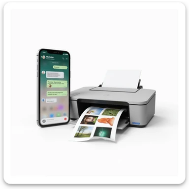 realistic thumbnail for a WhatsApp print out service, smartphone on the left side showing WhatsApp open with a chat containing images, PDFs, and documents being sent, printer on the right side printing out a mix of photos and documents, clean white background sticker