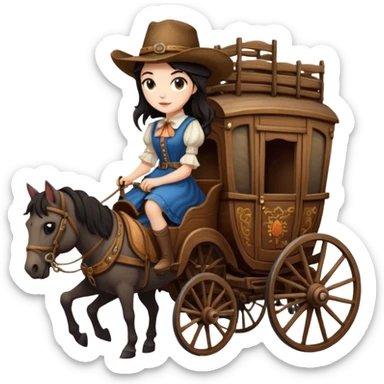 Rustic antique wood detailed 1854 pretty dark-haired Catgirl driving a huge horse-drawn stagecoach Caravan on a bumpy scary trail in the woods  sticker
