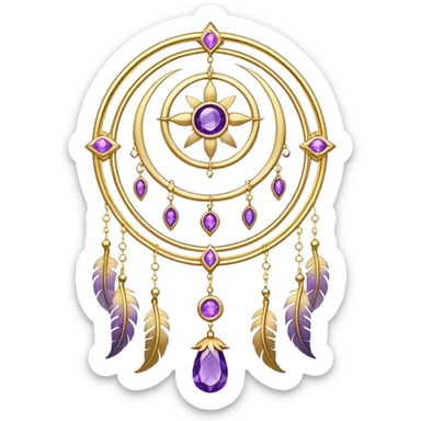 Epic beautiful gorgeous cute gold suncatcher, threads with shiny sparkly amethyst gemstones, flowers, crescents-moons, stars, gold Feathers  sticker